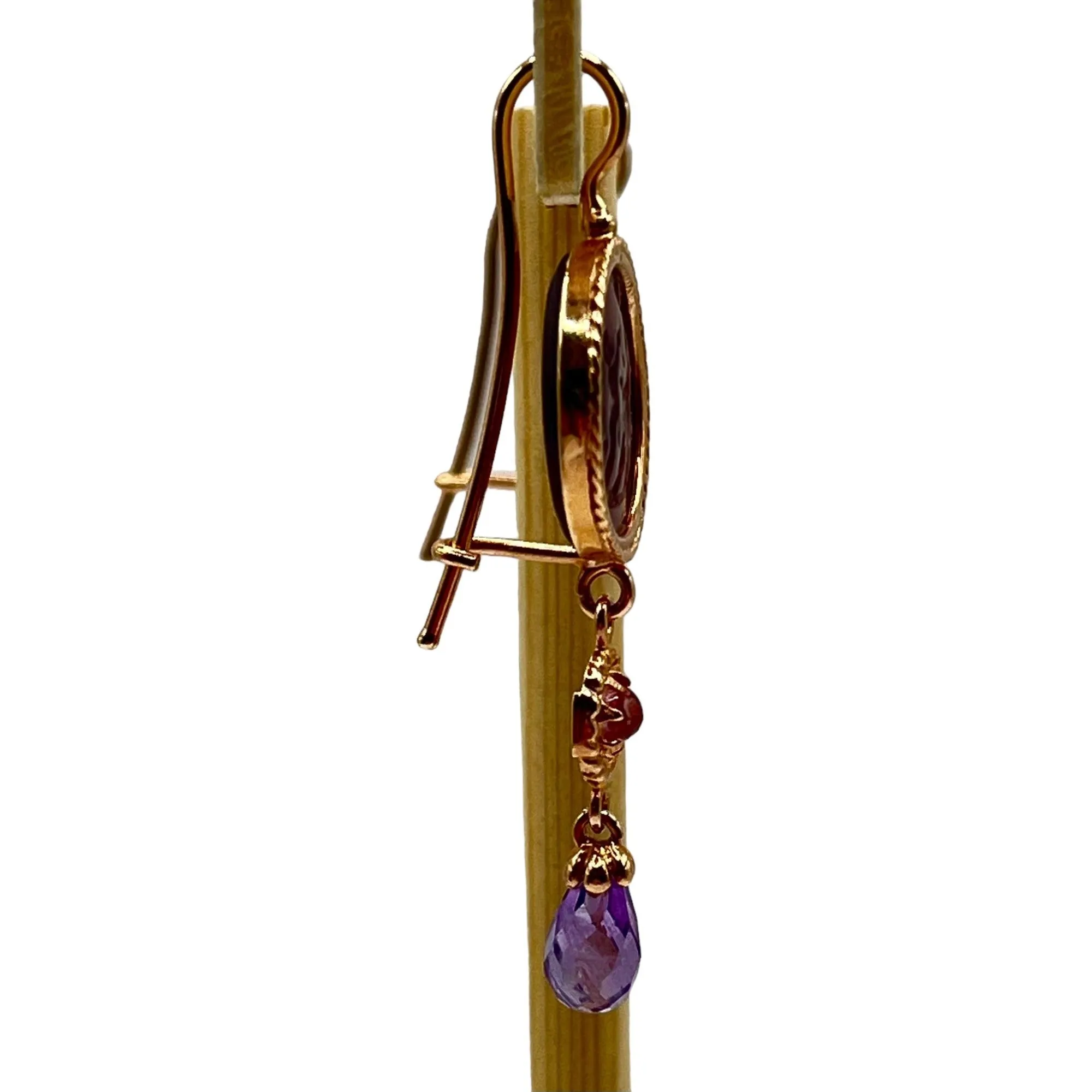 14k Rose Gold Tagliamonte Venetian Cameo Intaglio Dangle Drop Earrings Amethyst