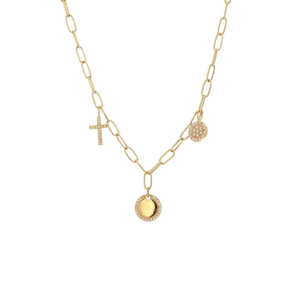 14K Yellow Gold Fashion Cross and Two Diamond charms Diamond Necklace