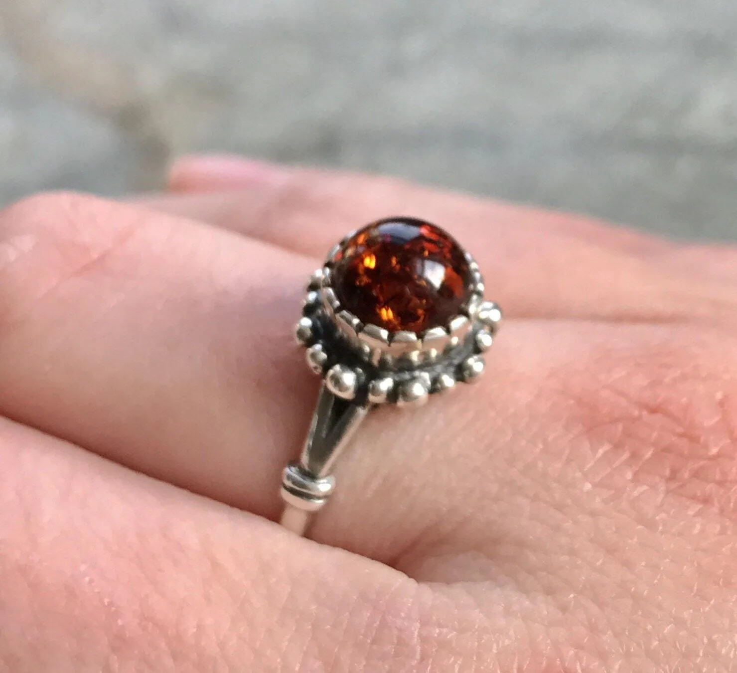 Amber Silver Ring - Natural Amber Ring - Vintage Flower Ring