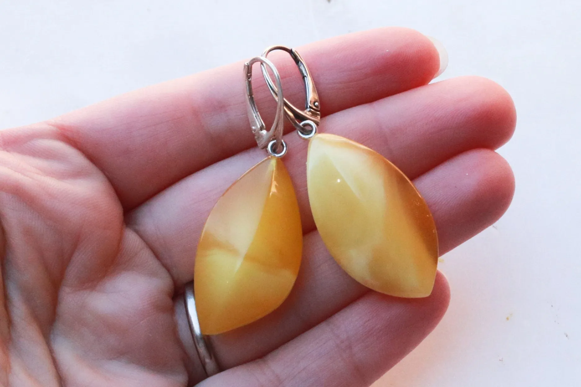 Baltic Amber Earrings Butterscotch Yellow Faceted Natural Jewelry 2" 6 gram 925 silver