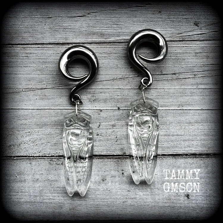 Clear quartz cicada ear hangers-Gemstone insect gauged earrings