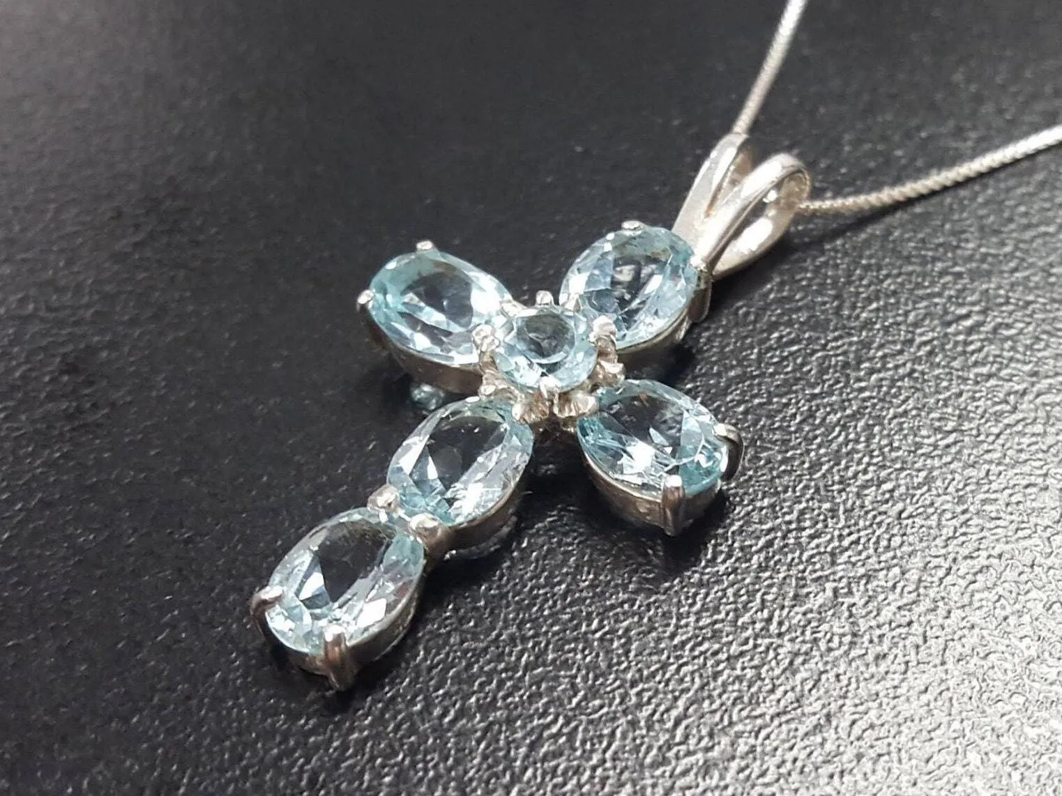 Cross Topaz Necklace - Real Blue Topaz Pendant - Blue Cross Necklace
