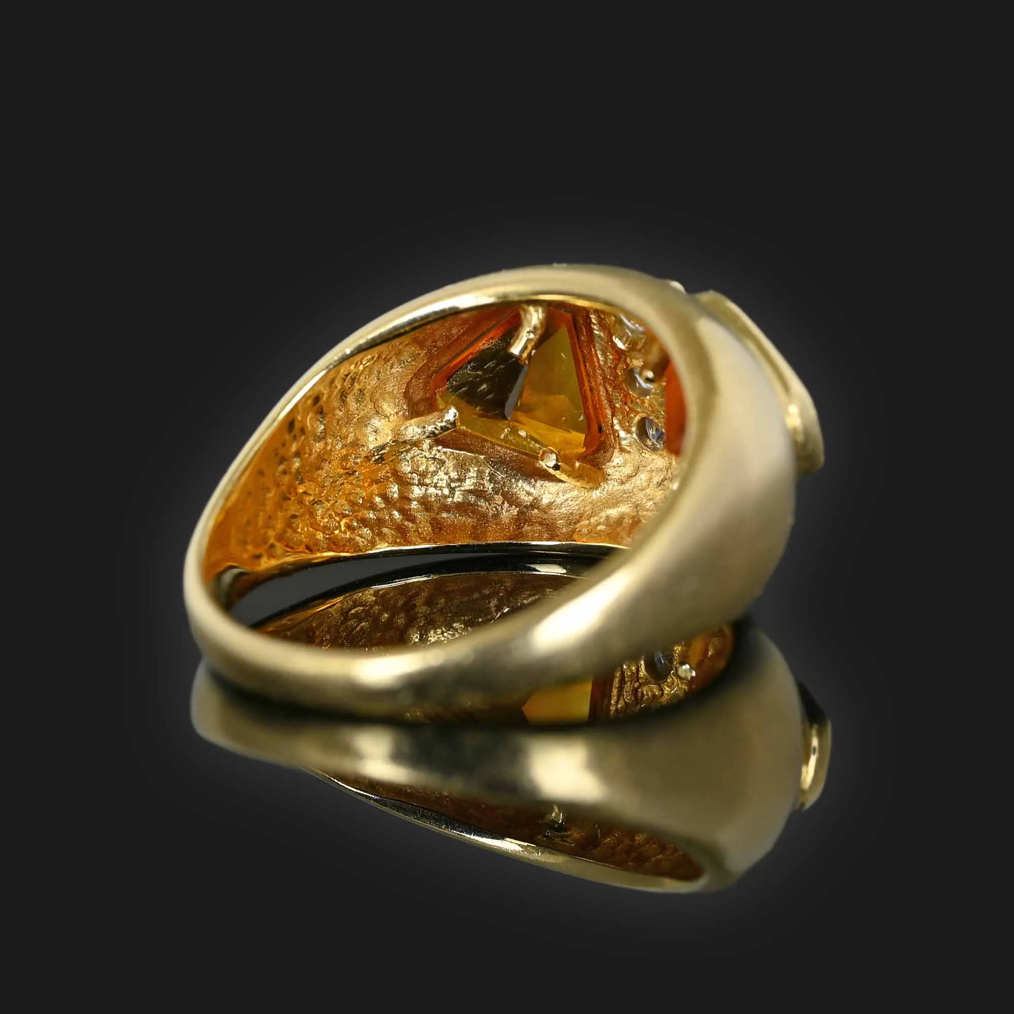 Diamond Trillion Cut Citrine Owl Dome Ring in 14K Gold