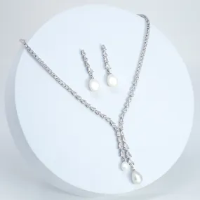 Elegant 2 Pearl Drops V Necklace Set, Dainty Bridal Jewelry Set, Gift For Her, Bridesmaid, Minimalist CZ Jewelry