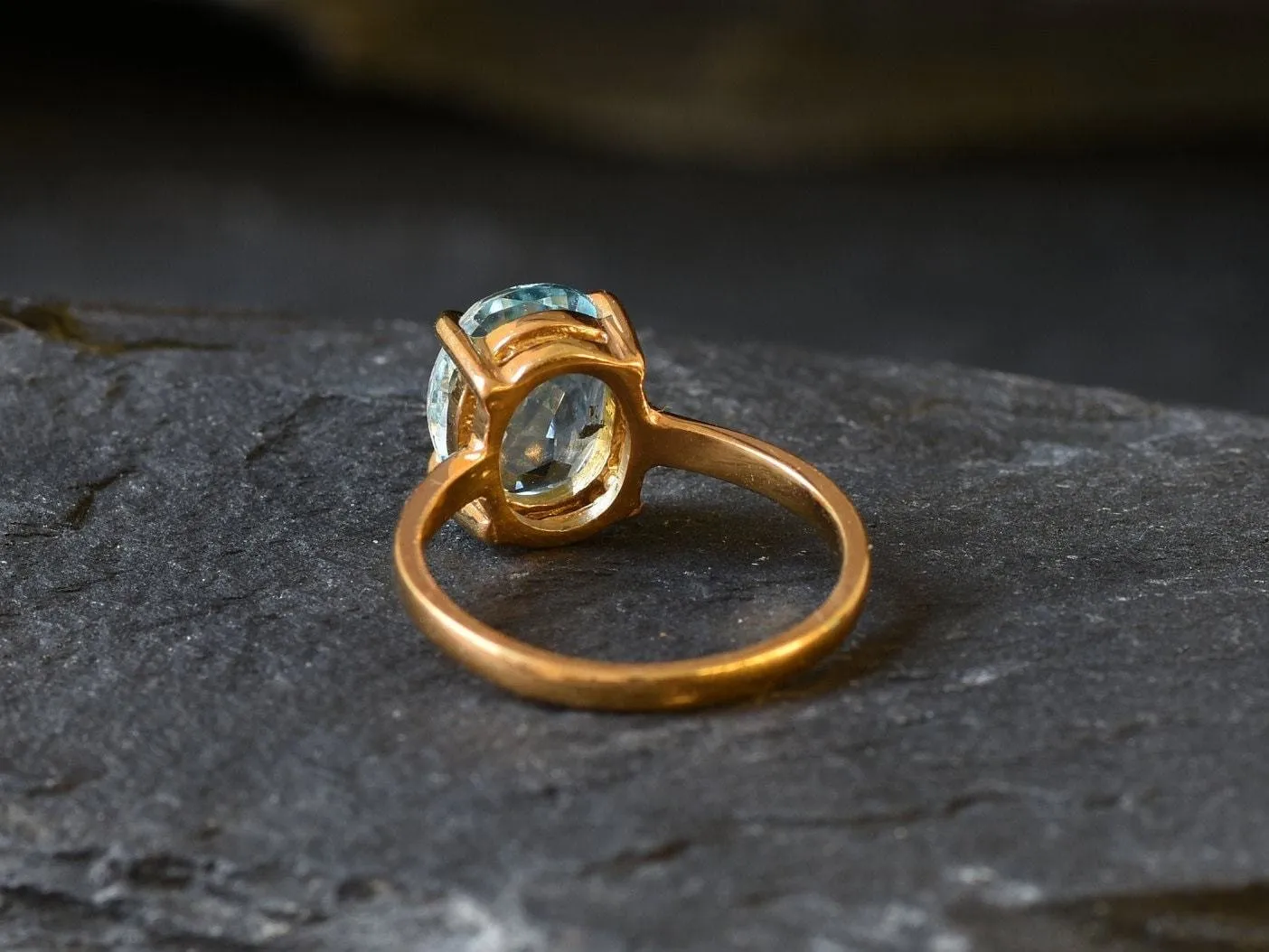 Gold Blue Topaz Ring - Natural Blue Topaz Ring, Blue Oval Gold Ring