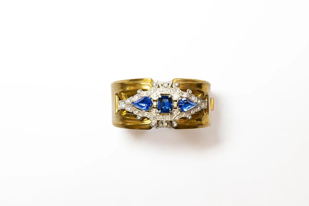 McCLELLAND BARCLAY Art Deco Gold Plated with Blue Stones Hinged Cuff Bracelet
