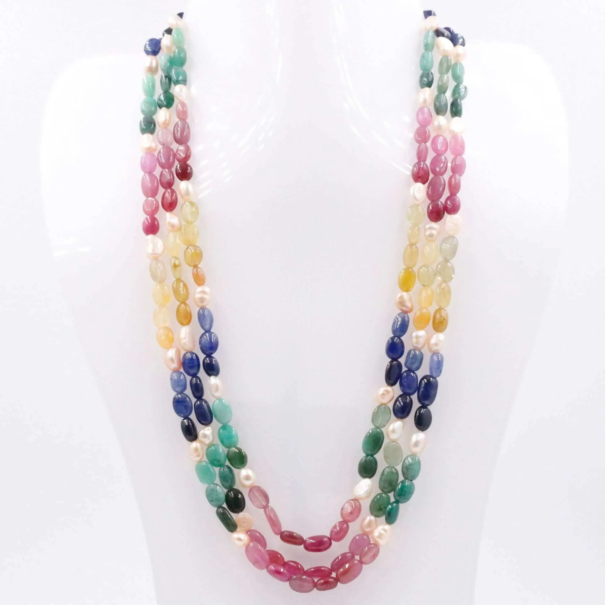 Multi Gemstone Necklace Multi Color Sapphire Necklace Sapphire w/ Emerald & Fresh Water Pearl Necklace Beaded Sarafa Necklace SKU 6143246