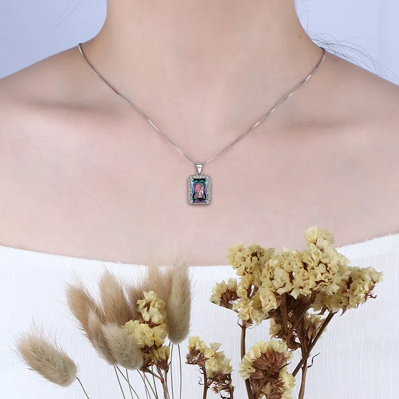 Rectangle Mystic Fire Topaz Necklace Pendant Women Girl Jewelry Gifts 925 Sterling Silver