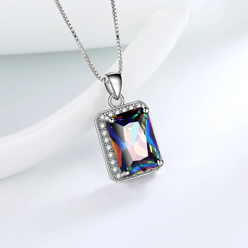 Rectangle Mystic Fire Topaz Necklace Pendant Women Girl Jewelry Gifts 925 Sterling Silver