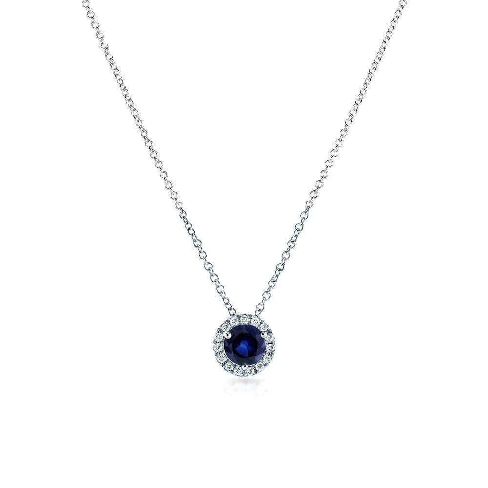 Round Blue Sapphire and Diamond Halo Necklace 4/5 Carat (ctw) in 14k White Gold