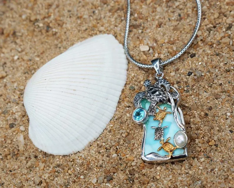Sea Turtle Family with Larimar, Blue Topaz and Pearl Beach Pendant - Only One Piece Created