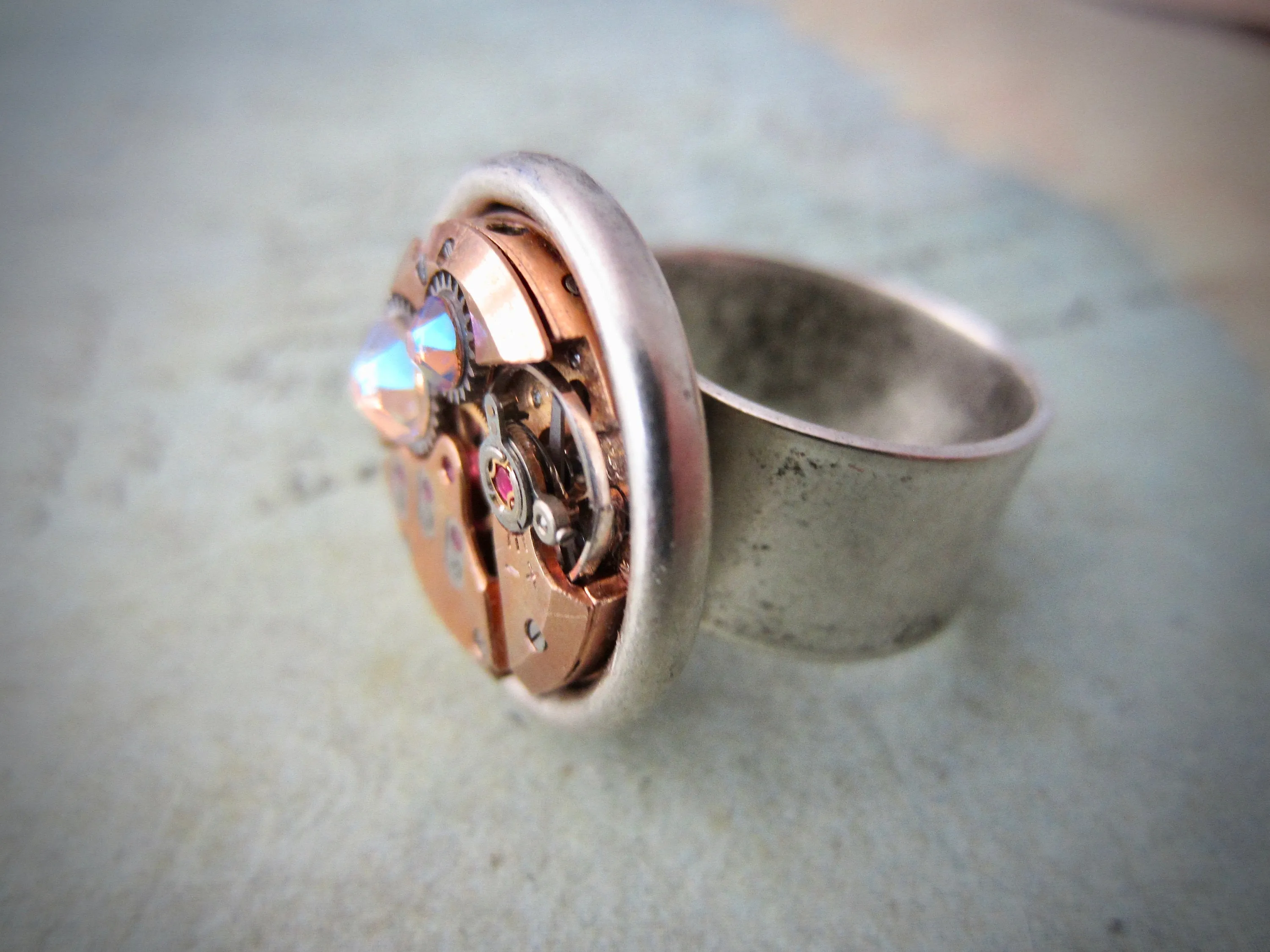 Steampunk Ring - Rose Gold watch movement - statement ring - Repurposed - recycled