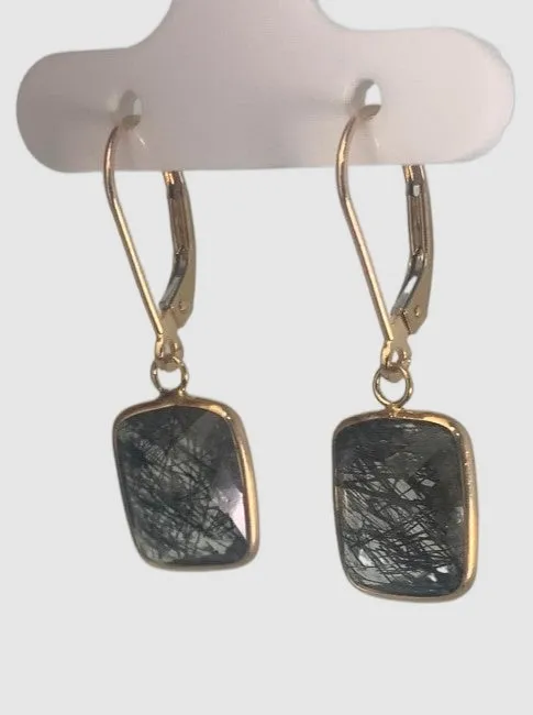 Tourmalinated Quartz Rectangular Bezel Earrings in 14KY - EAR-048-BZGM14Y-RUT-10