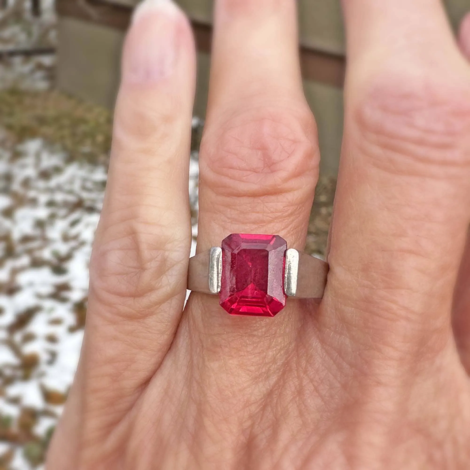 Vintage Step Cut Ruby Sterling Silver Signet Ring