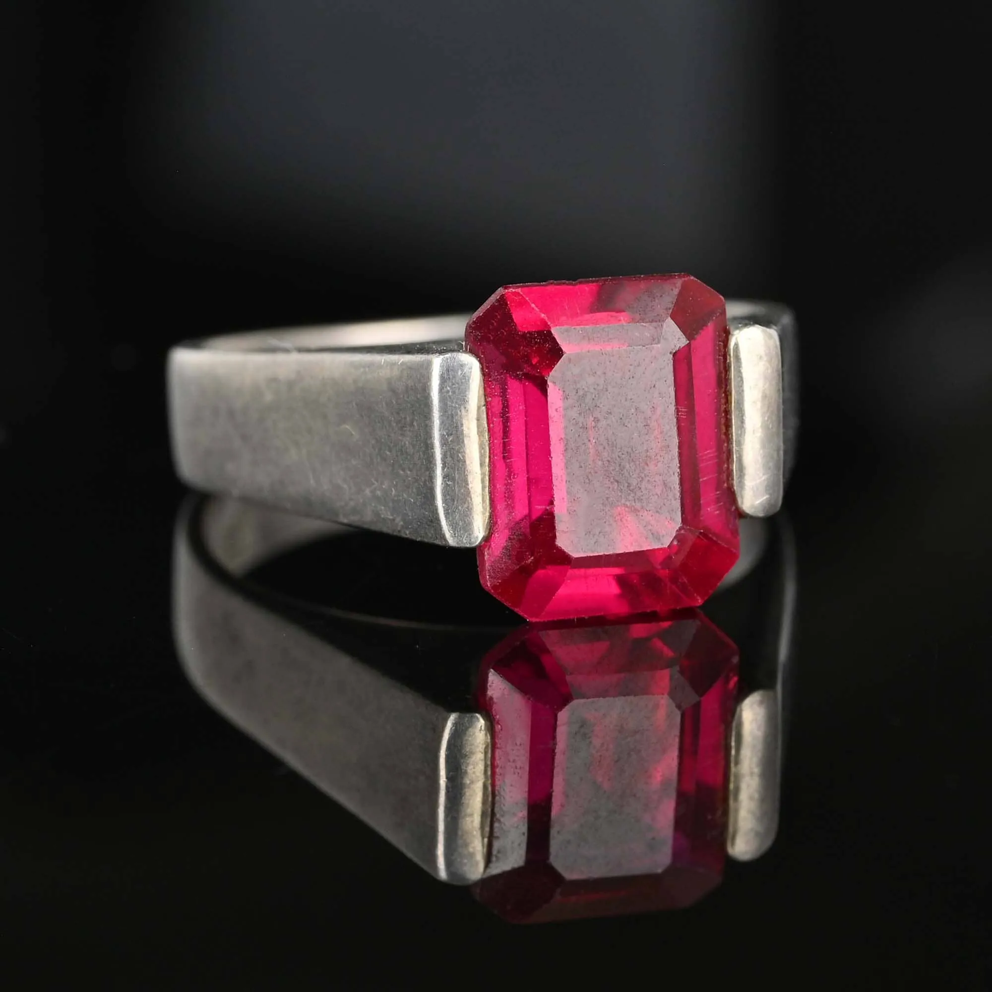 Vintage Step Cut Ruby Sterling Silver Signet Ring